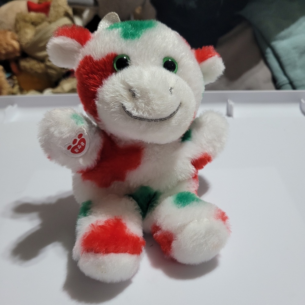 Build-A-Bear Workshop Christmas Cow Buddy Plush Red Green Spotted Small Stuffed
